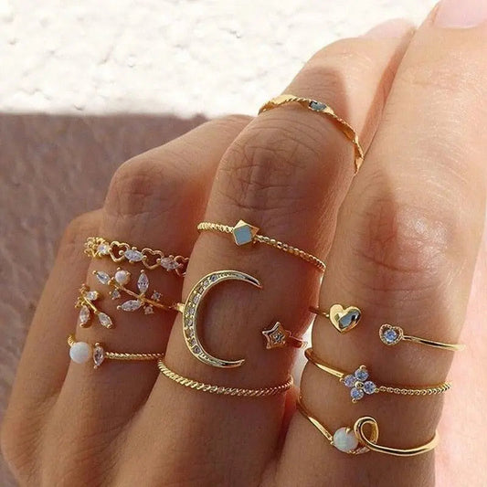 10er-Pack Bohemian-Ringe, versilbert und vergoldet