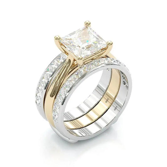 Zeitloses Prinzess-Schliff-Brautring-Set – Gold & Sterlingsilber